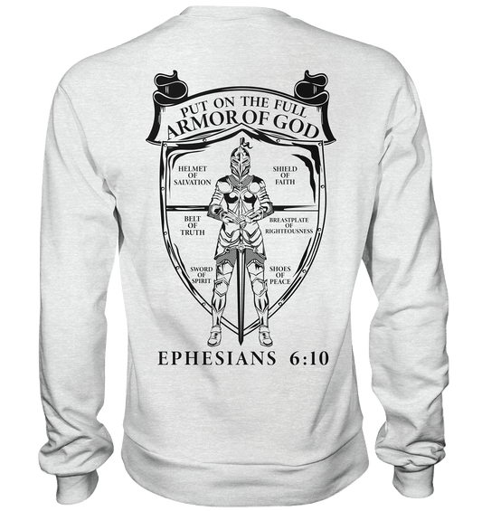 „Put on the Full Armor of God“ – Rückseite | Christliche Kleidung - Premium Sweatshirt