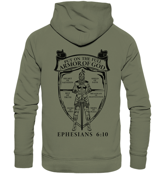 „Put on the Full Armor of God“ – Rückseite | Christliche Kleidung - Premium Unisex Hoodie