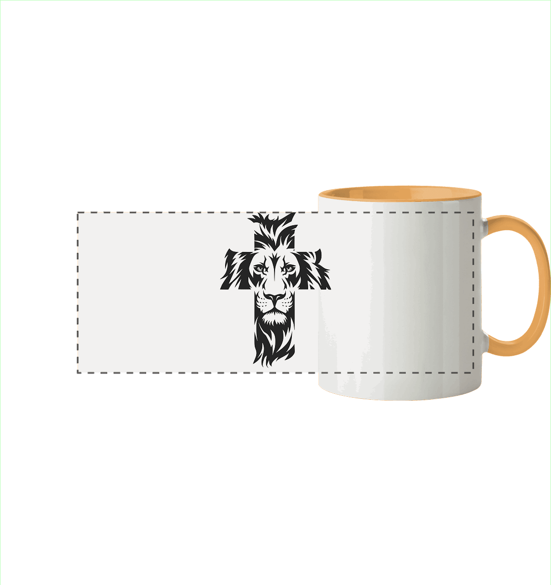 Der Löwe im Kreuz – Mut und Gnade vereint | Christliche Kleidung - Panorama Tasse zweifarbig - Trinkgefäße - Goldgelb - GfoitMa