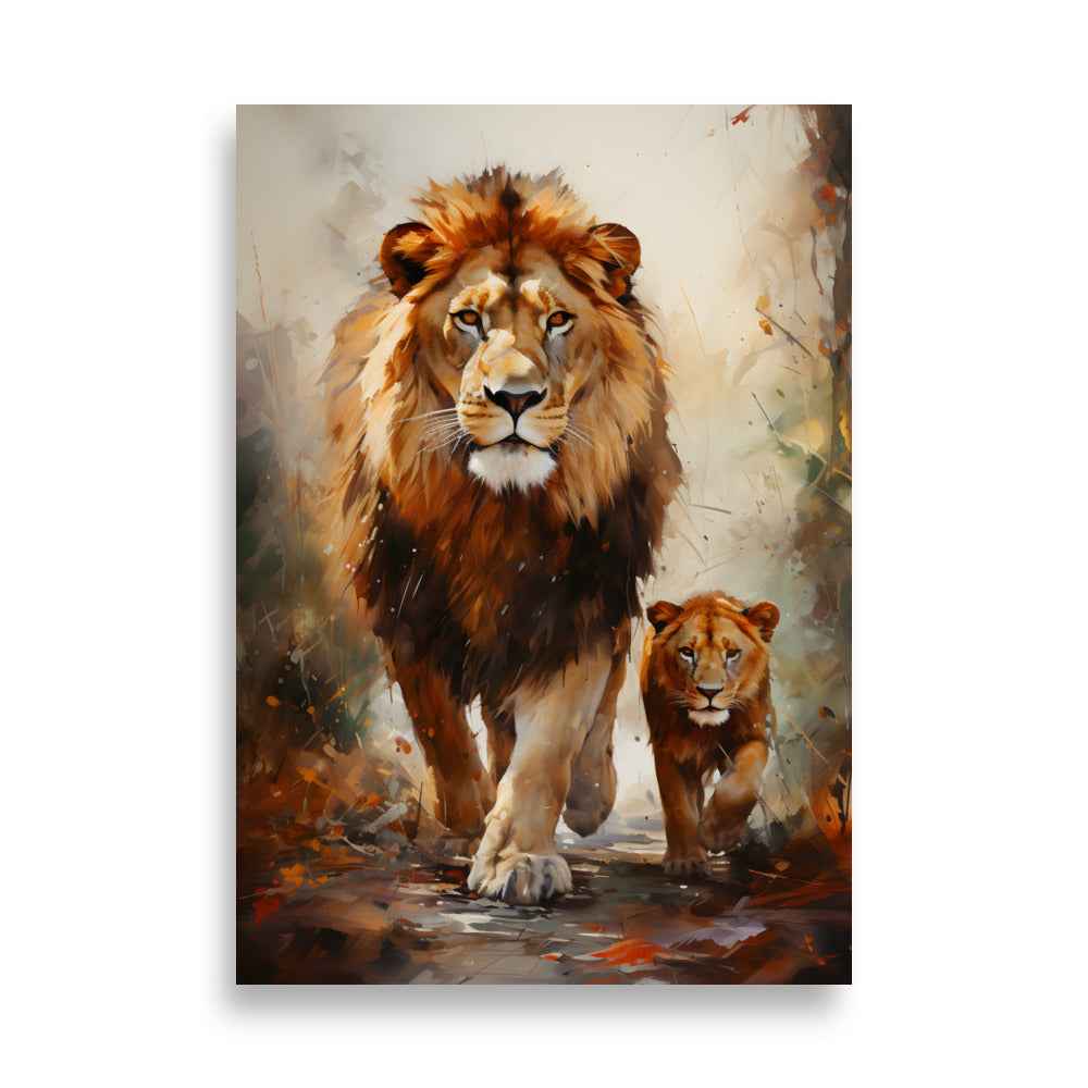Majestätischer Löwe und seine Sohn (Wasserfarbenstil) - Poster
