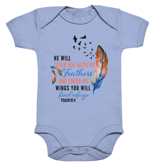 Psalm 91:4 - He will cover you with his Feathers - Organic Baby Bodysuite