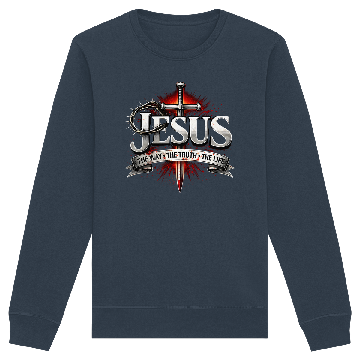 „Jesus: Der Weg, die Wahrheit, das Leben“ mit Schwert und Dornenkrone - Organic Basic Unisex Sweatshirt - GfoitMa - India Ink Grey / XS