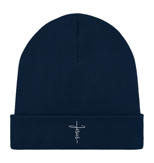 Jesus in Kreuzform - Stick (Weiß) - Organic Rib Beanie