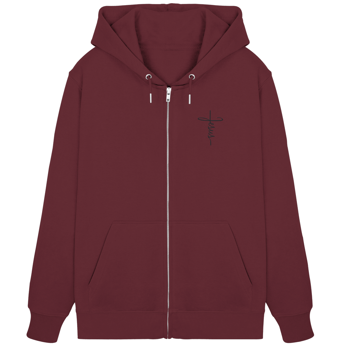 Kreuz mit Jesus Schrift (Stick) - Organic Zipper (Stick) - GfoitMa - Burgundy / XS
