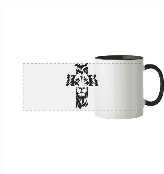 Der Löwe im Kreuz – Mut und Gnade vereint | Christliche Kleidung - Panorama Tasse zweifarbig