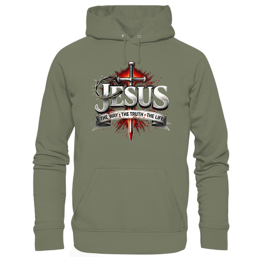 „Jesus: Der Weg, die Wahrheit, das Leben“ mit Schwert und Dornenkrone - Premium Unisex Hoodie