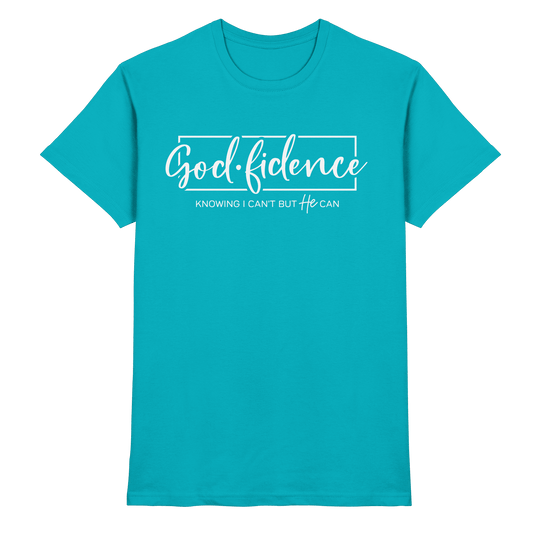 God.fidence – Knowing I can’t but He can | Christliche Kleidung - Premium Shirt - Unisex-Shirts - Swimming Pool - GfoitMa