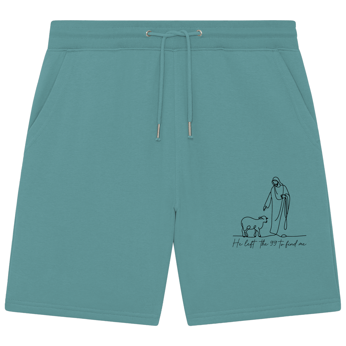 He Left the 99 to Find Me – Kraftvolle Botschaft in minimalistischem Design | Christliche Kleidung - Organic Jogger Shorts - Hosen - Teal Monstera - GfoitMa