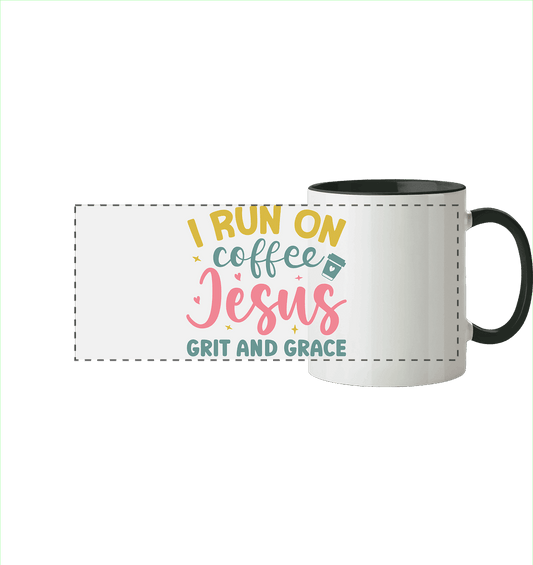I run on coffee, Jesus, grit and grace | Christliche Produkte - Panorama Tasse zweifarbig - Trinkgefäße - Black - GfoitMa