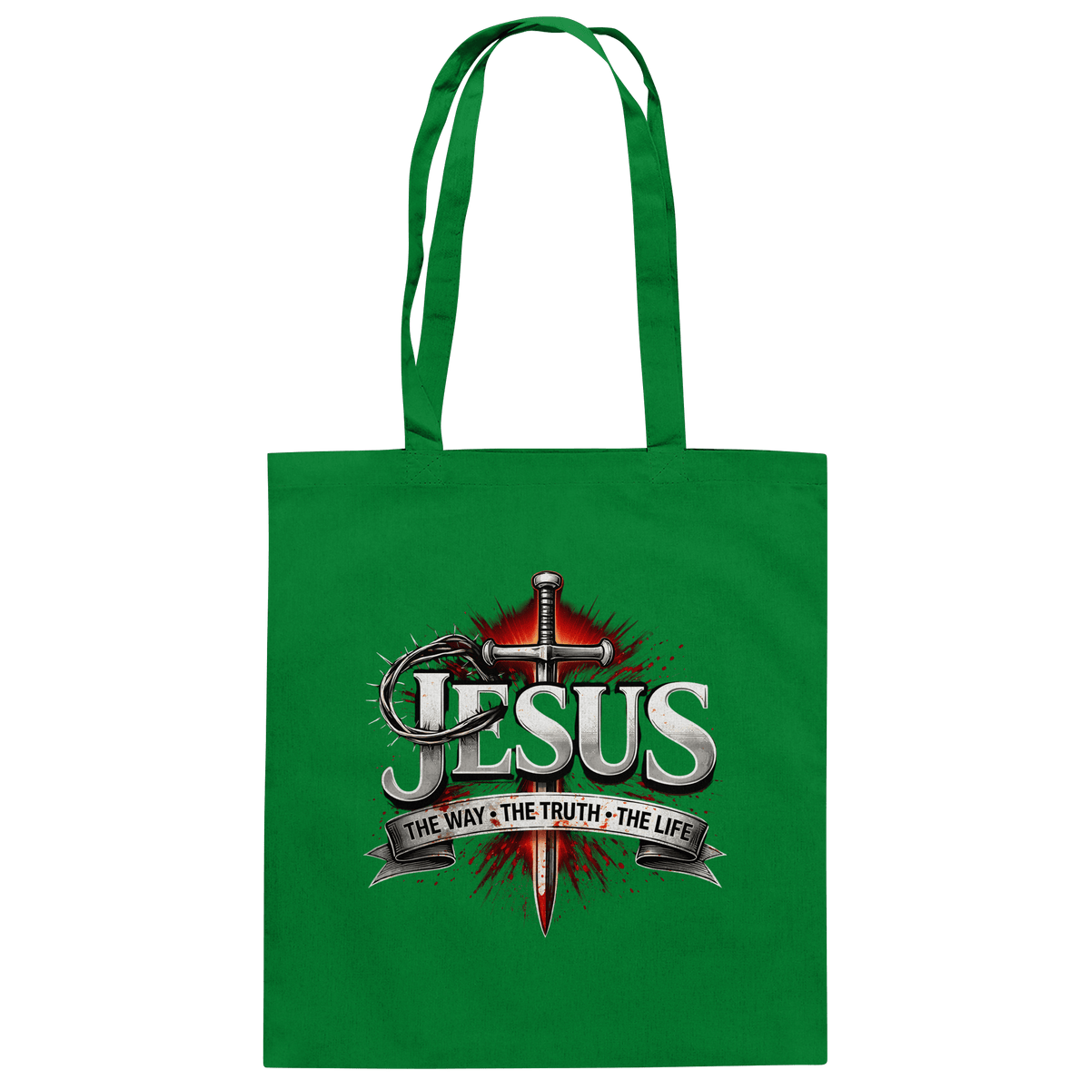 „Jesus: Der Weg, die Wahrheit, das Leben“ mit Schwert und Dornenkrone - Baumwolltasche - Taschen - Kelly Green - GfoitMa