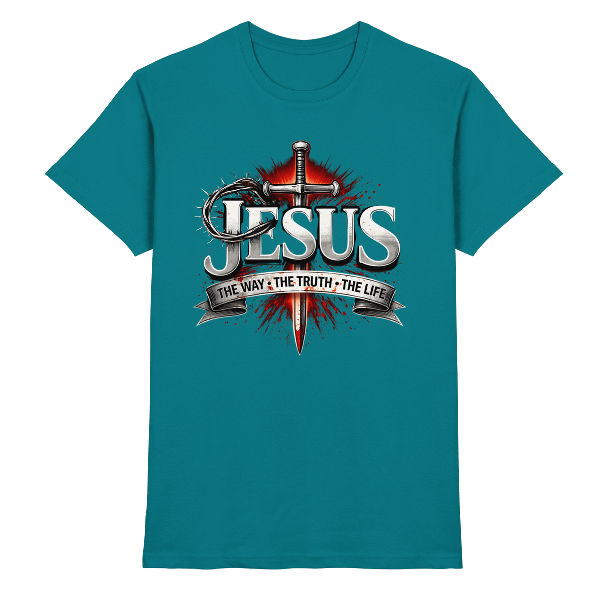 „Jesus: Der Weg, die Wahrheit, das Leben“ mit Schwert und Dornenkrone - Premium Shirt - Unisex-Shirts - Diva Blue - GfoitMa