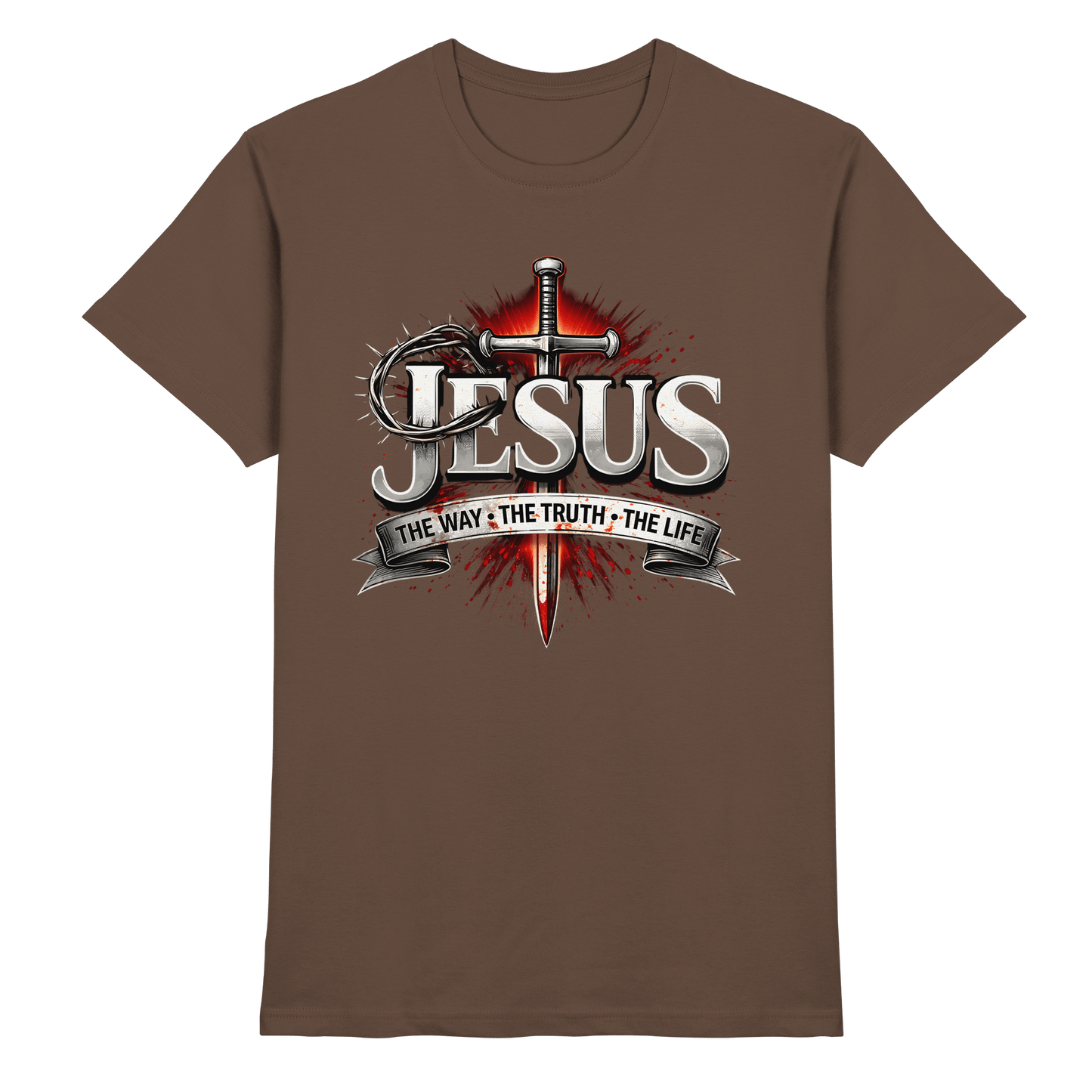 „Jesus: Der Weg, die Wahrheit, das Leben“ mit Schwert und Dornenkrone - Premium Shirt - Unisex-Shirts - Chocolate - GfoitMa