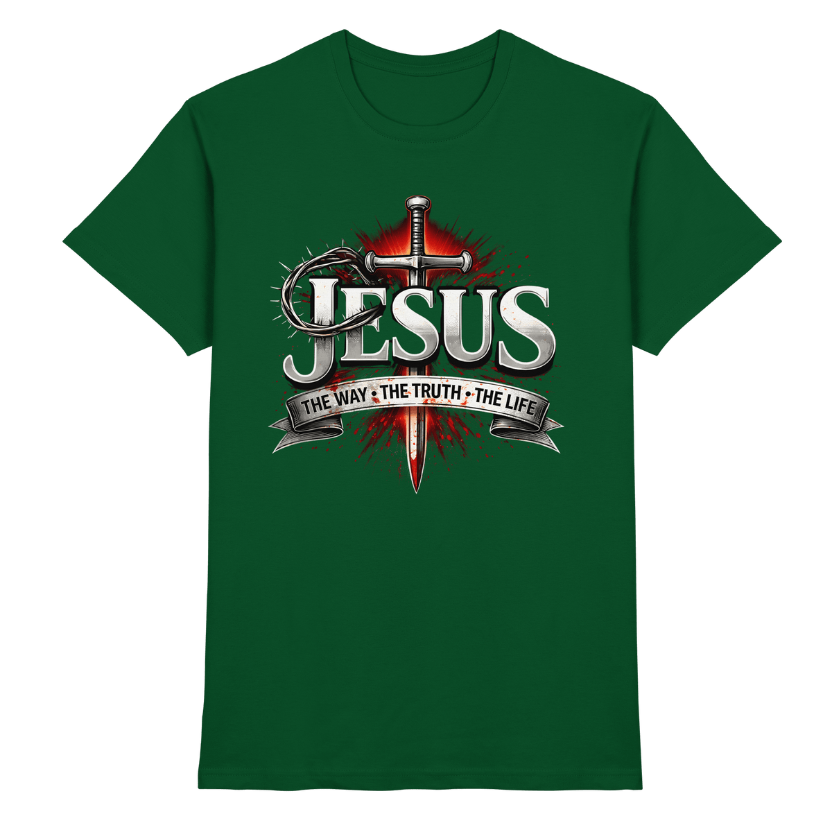 „Jesus: Der Weg, die Wahrheit, das Leben“ mit Schwert und Dornenkrone - Premium Shirt - Unisex-Shirts - Bottle Green - GfoitMa