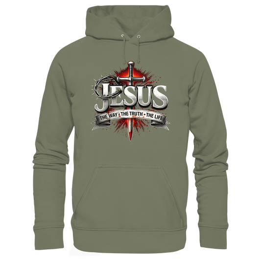 „Jesus: Der Weg, die Wahrheit, das Leben“ mit Schwert und Dornenkrone - Premium Unisex Hoodie - Hoodies - Classic Olive - GfoitMa