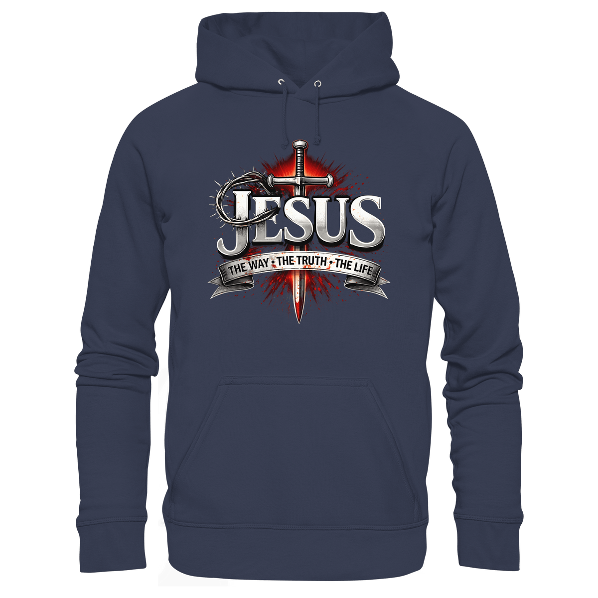 „Jesus: Der Weg, die Wahrheit, das Leben“ mit Schwert und Dornenkrone - Premium Unisex Hoodie - Hoodies - Deep Navy - GfoitMa