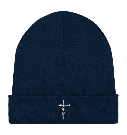 Jesus in Kreuzform - Stick (Weiß) - Organic Rib Beanie - GfoitMa - French Navy / One Size