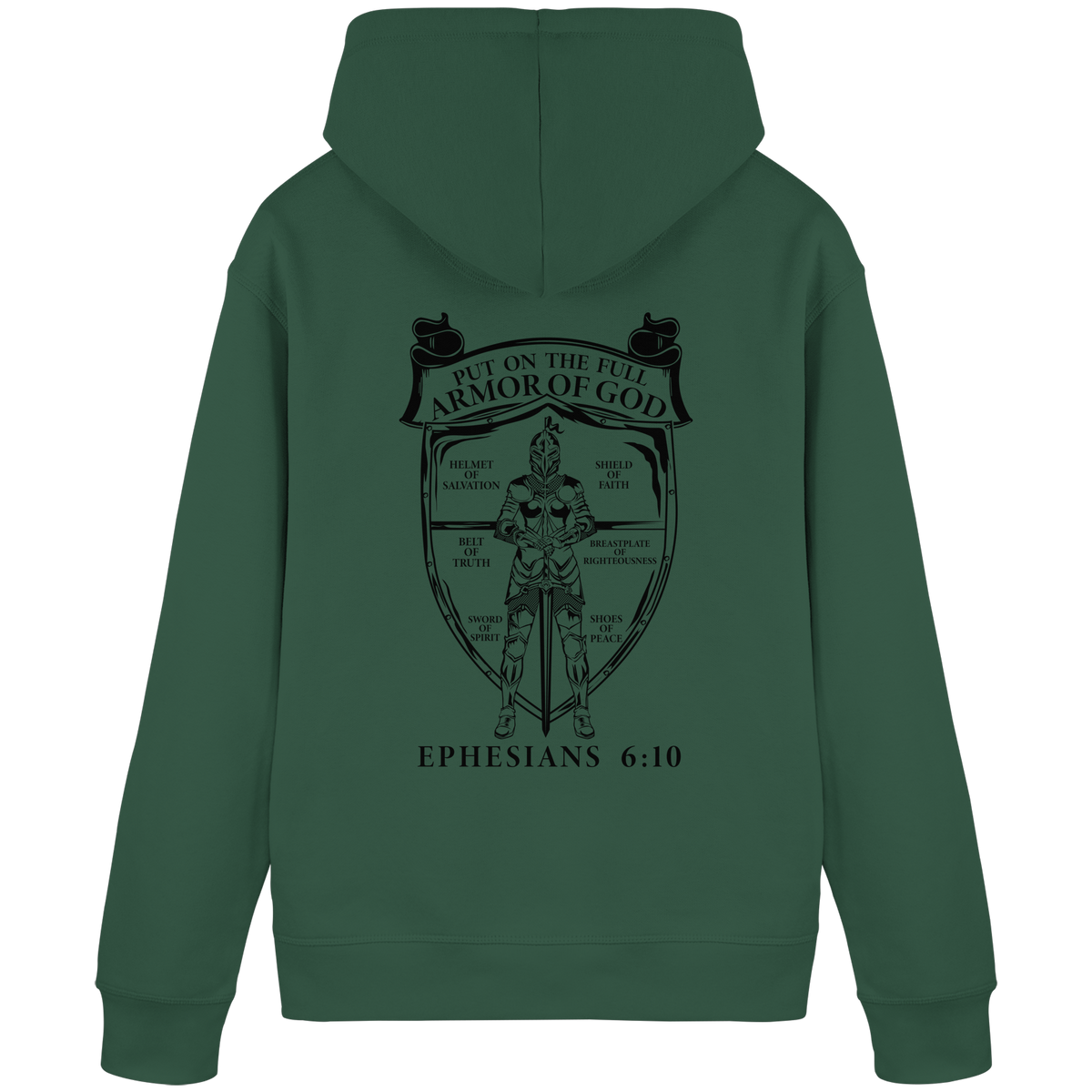 „Put on the Full Armor of God“ – Rückseite | Christliche Kleidung - Organic Basic Hoodie - GfoitMa - Bottle Green / S