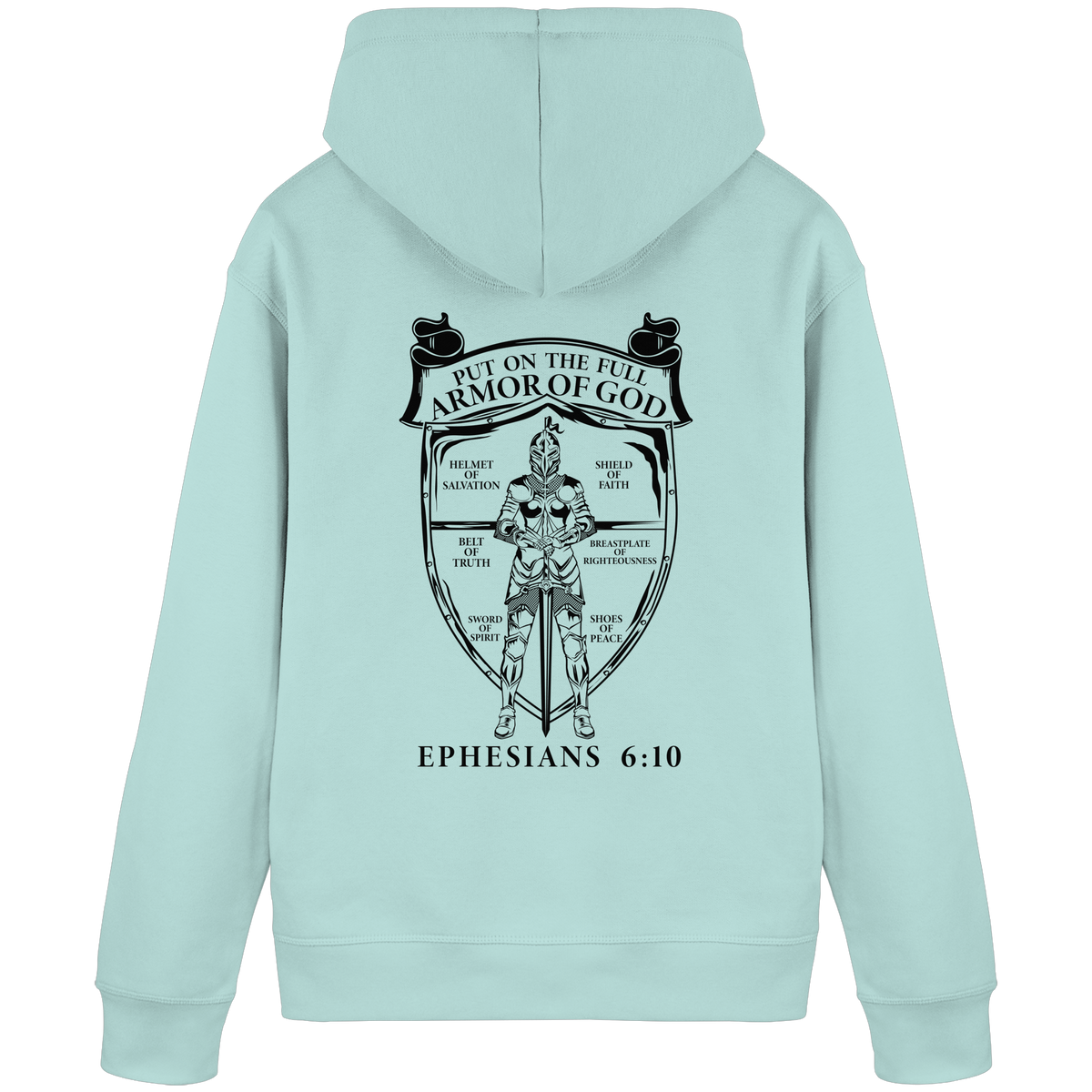 „Put on the Full Armor of God“ – Rückseite | Christliche Kleidung - Organic Basic Hoodie - GfoitMa - Caribbean Blue / S