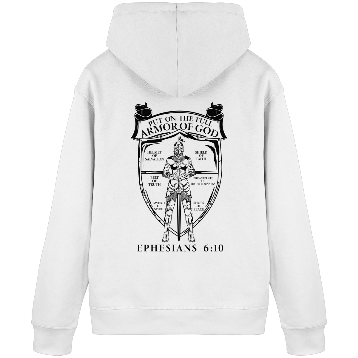 „Put on the Full Armor of God“ – Rückseite | Christliche Kleidung - Organic Basic Hoodie - GfoitMa - White / S