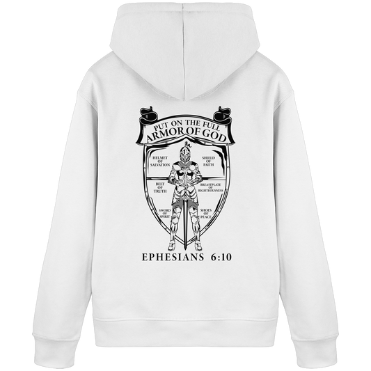 „Put on the Full Armor of God“ – Rückseite | Christliche Kleidung - Organic Basic Hoodie - GfoitMa - White / S
