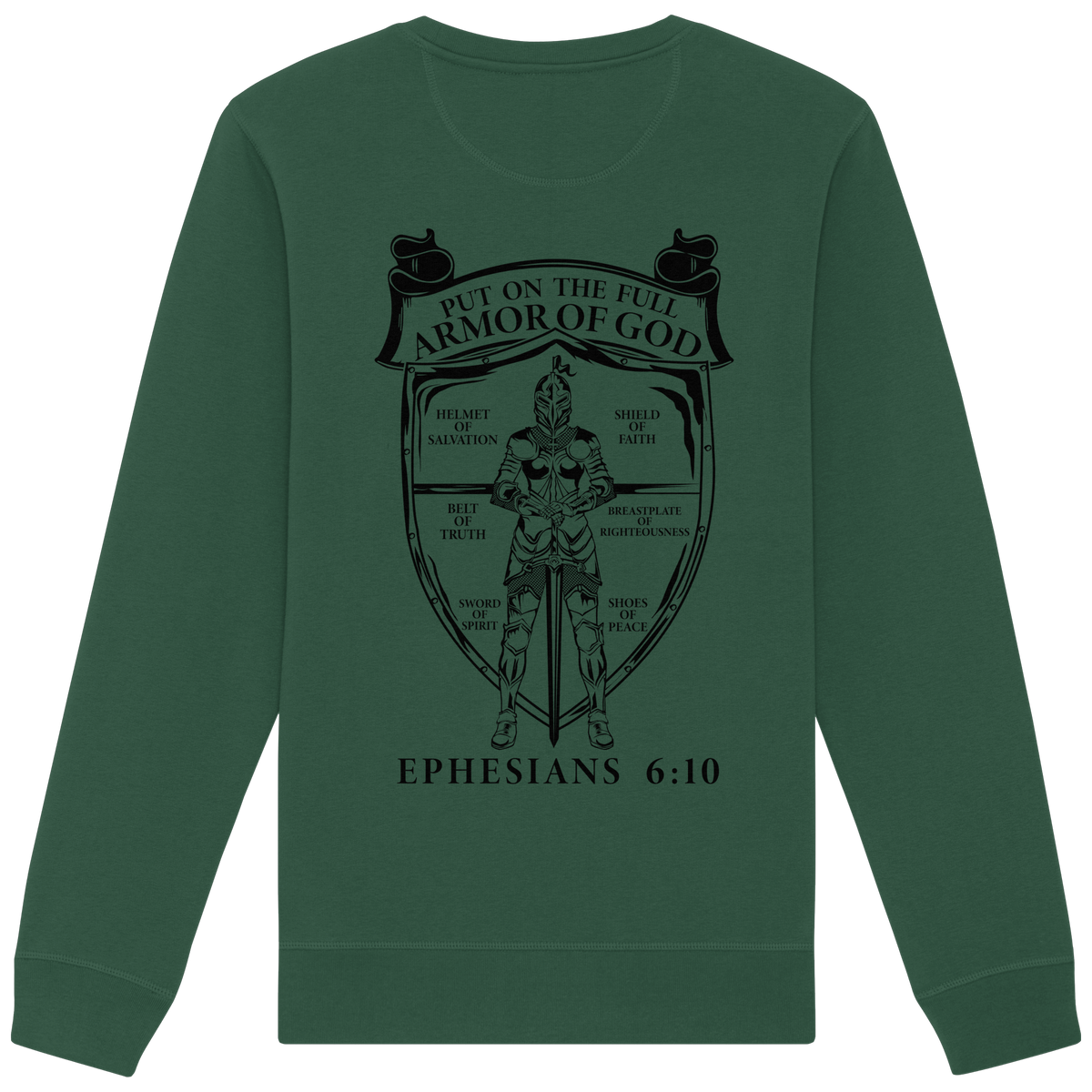 „Put on the Full Armor of God“ – Rückseite | Christliche Kleidung - Organic Basic Unisex Sweatshirt - GfoitMa - Bottle Green / XS