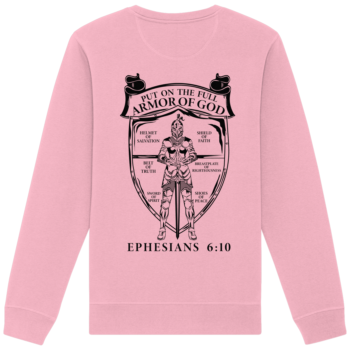 „Put on the Full Armor of God“ – Rückseite | Christliche Kleidung - Organic Basic Unisex Sweatshirt - GfoitMa - Cotton Pink / XS