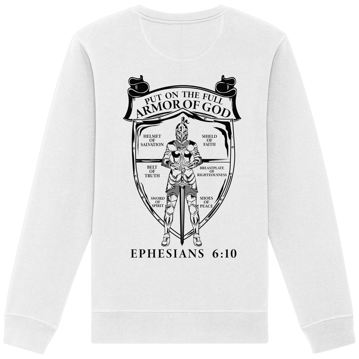 „Put on the Full Armor of God“ – Rückseite | Christliche Kleidung - Organic Basic Unisex Sweatshirt - GfoitMa - White / XS