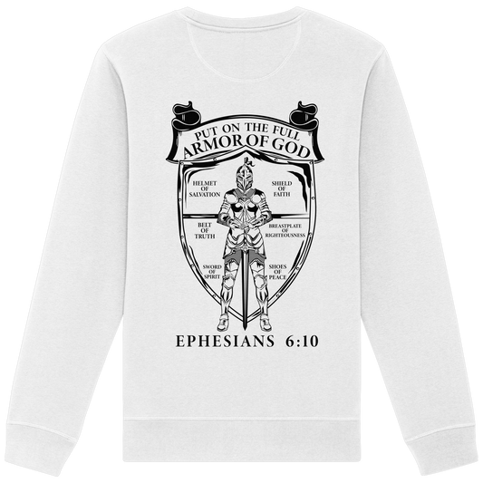 „Put on the Full Armor of God“ – Rückseite | Christliche Kleidung - Organic Basic Unisex Sweatshirt - GfoitMa - White / XS