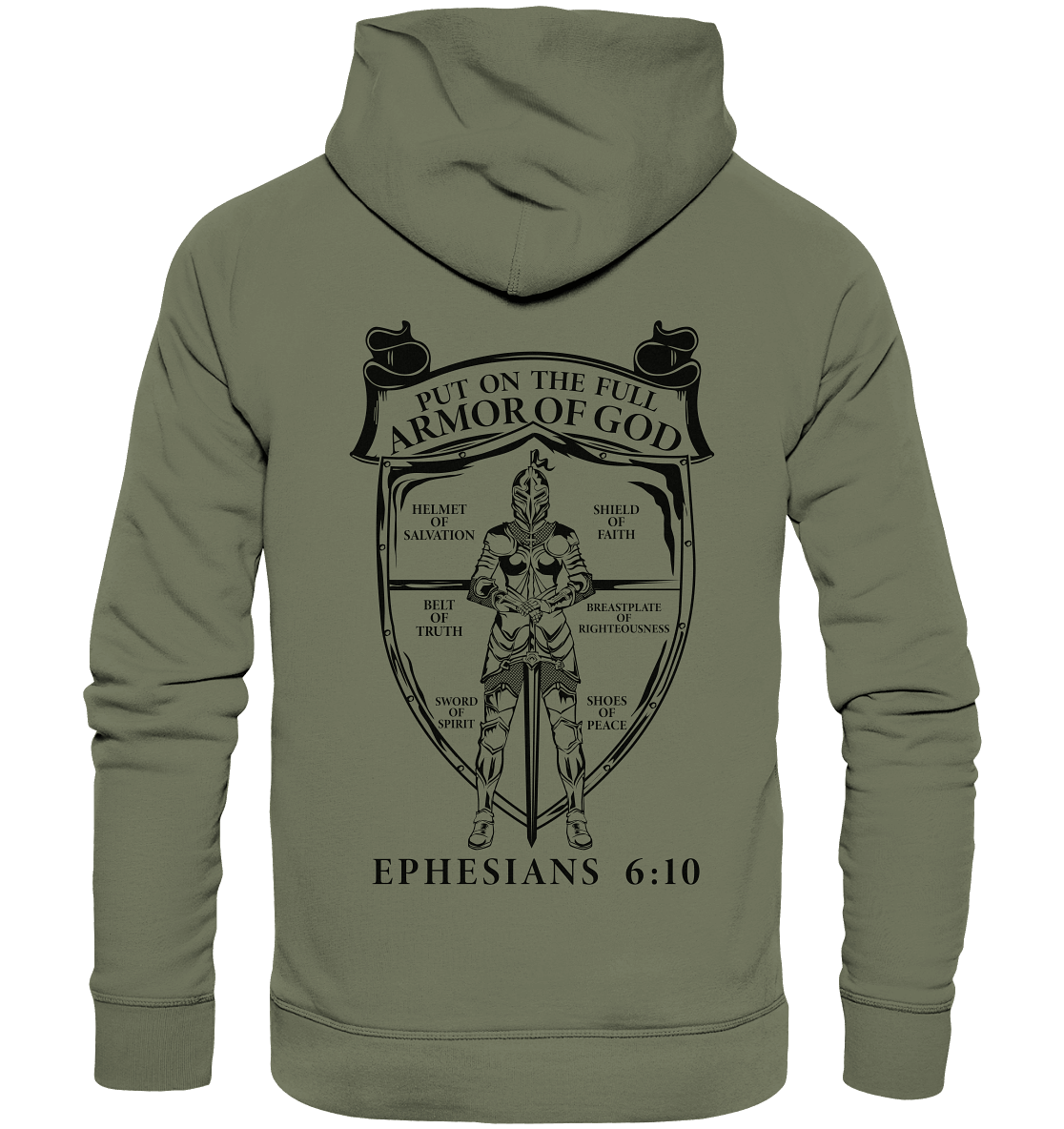 „Put on the Full Armor of God“ – Rückseite | Christliche Kleidung - Premium Unisex Hoodie