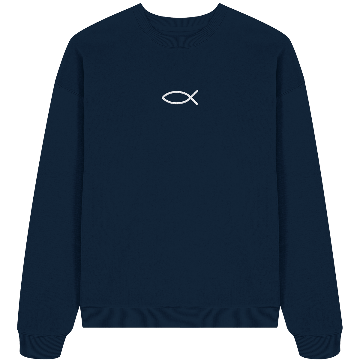 Der Ichthys – Ein zeitloses Zeichen (Stick) | Christliche Kleidung - Organic Oversize Sweatshirt (Stick) - Sweatshirts - French Navy - GfoitMa