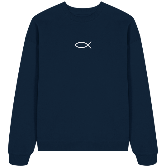 Der Ichthys – Ein zeitloses Zeichen (Stick) | Christliche Kleidung - Organic Oversize Sweatshirt (Stick) - Sweatshirts - French Navy - GfoitMa