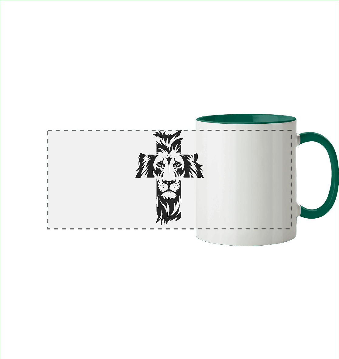 Der Löwe im Kreuz – Mut und Gnade vereint | Christliche Kleidung - Panorama Tasse zweifarbig - Trinkgefäße - Dunkelgrün - GfoitMa