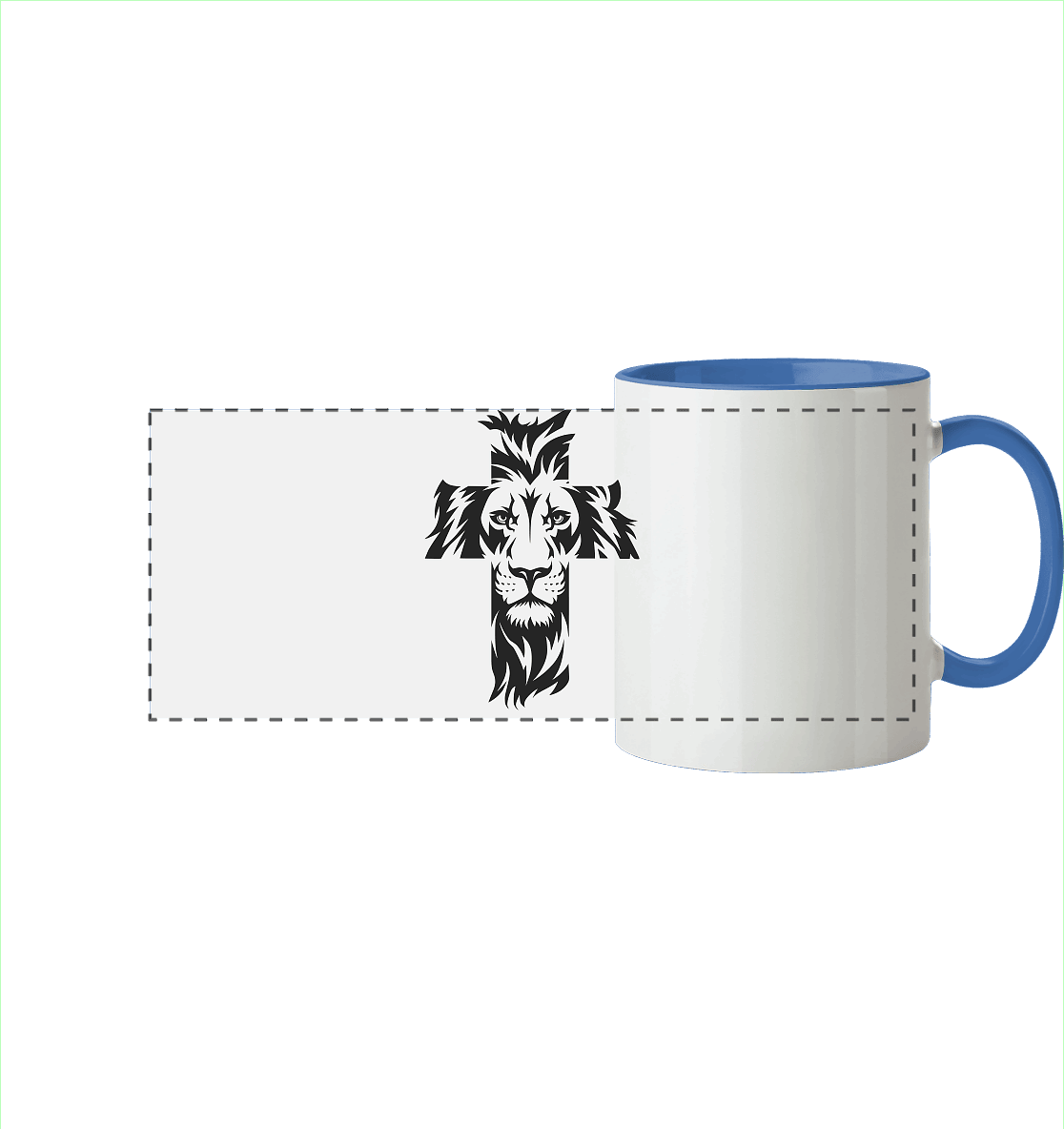 Der Löwe im Kreuz – Mut und Gnade vereint | Christliche Kleidung - Panorama Tasse zweifarbig - Trinkgefäße - Cambridge Blue - GfoitMa