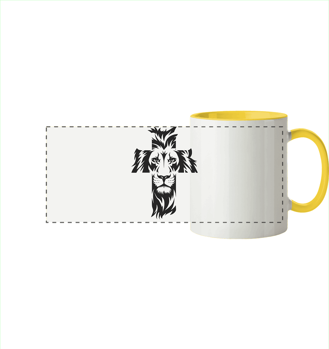 Der Löwe im Kreuz – Mut und Gnade vereint | Christliche Kleidung - Panorama Tasse zweifarbig - Trinkgefäße - Hellgelb - GfoitMa