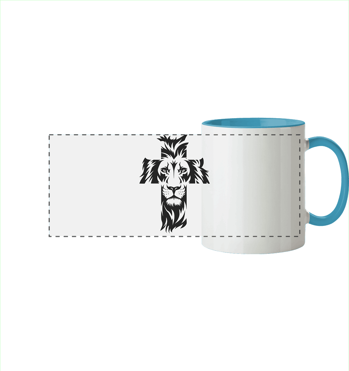 Der Löwe im Kreuz – Mut und Gnade vereint | Christliche Kleidung - Panorama Tasse zweifarbig - Trinkgefäße - Hellblau - GfoitMa