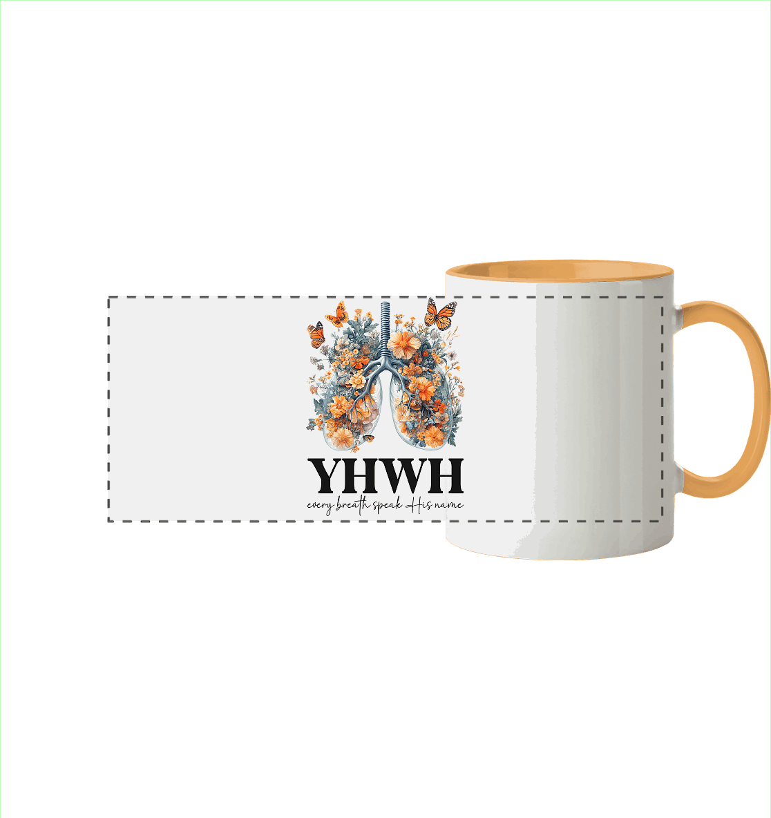 Every Breath Speak His Name – Leben, das Lobpreis atmet | Christliche Kleidung - Panorama Tasse zweifarbig - Trinkgefäße - Goldgelb - GfoitMa