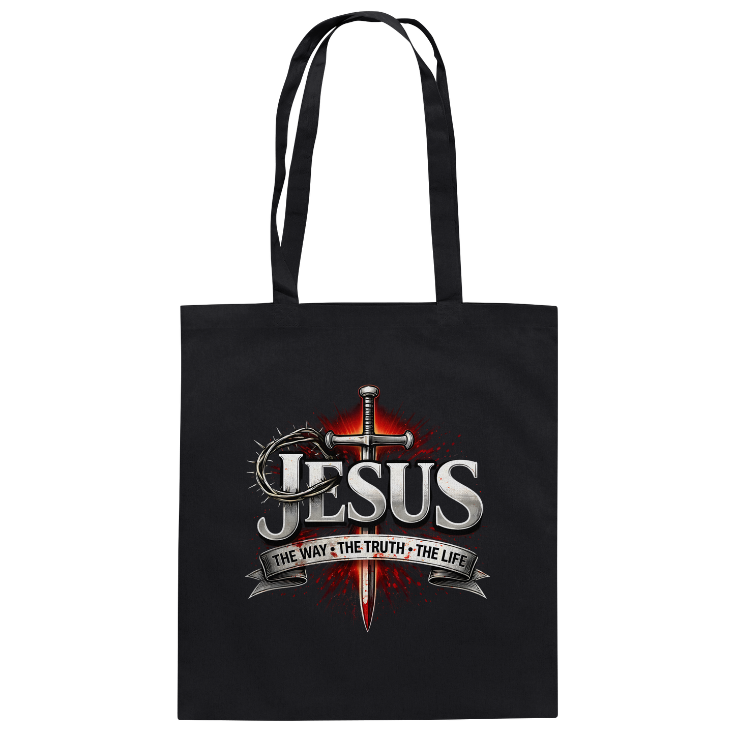 „Jesus: Der Weg, die Wahrheit, das Leben“ mit Schwert und Dornenkrone - Baumwolltasche