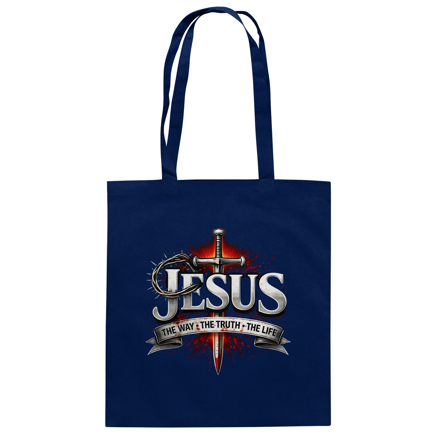 „Jesus: Der Weg, die Wahrheit, das Leben“ mit Schwert und Dornenkrone - Baumwolltasche