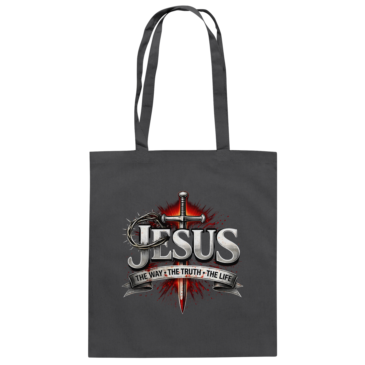 „Jesus: Der Weg, die Wahrheit, das Leben“ mit Schwert und Dornenkrone - Baumwolltasche