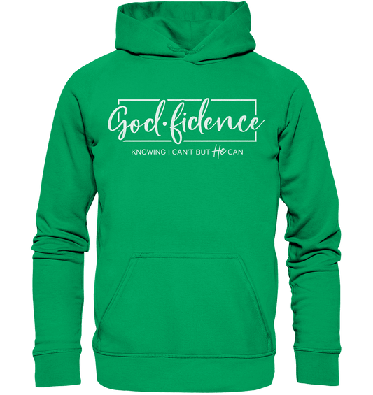 God.fidence – Knowing I can’t but He can | Christliche Kleidung  - Kids Premium Hoodie