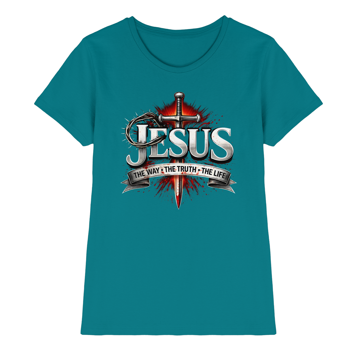 „Jesus: Der Weg, die Wahrheit, das Leben“ mit Schwert und Dornenkrone - Ladies Premium Shirt