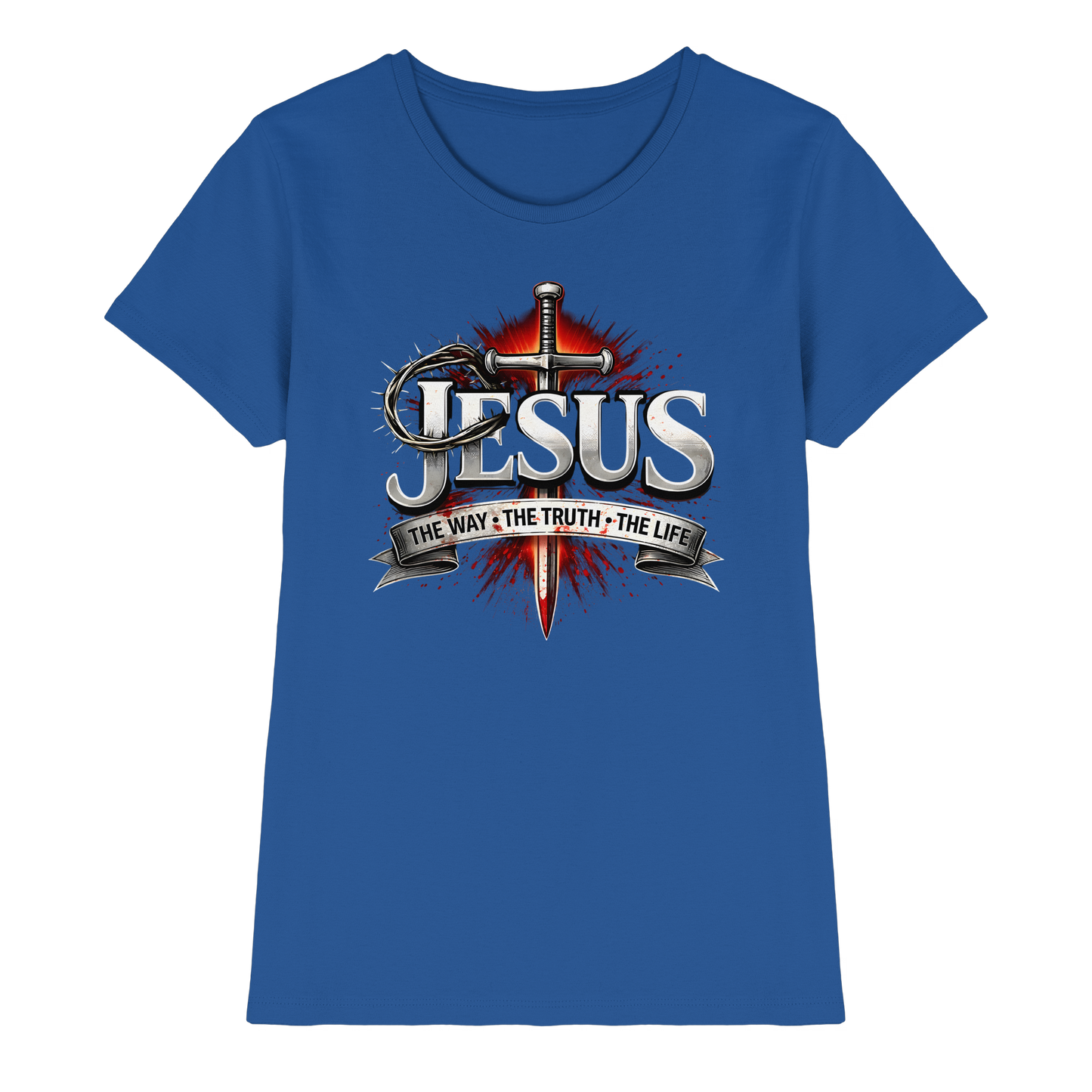 „Jesus: Der Weg, die Wahrheit, das Leben“ mit Schwert und Dornenkrone - Ladies Premium Shirt