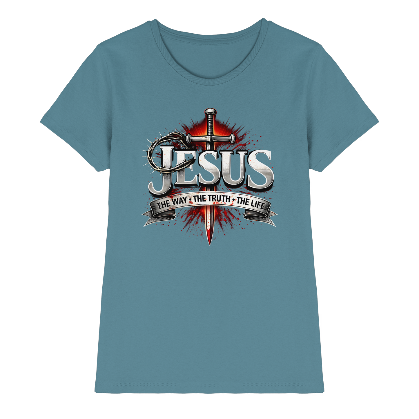 „Jesus: Der Weg, die Wahrheit, das Leben“ mit Schwert und Dornenkrone - Ladies Premium Shirt