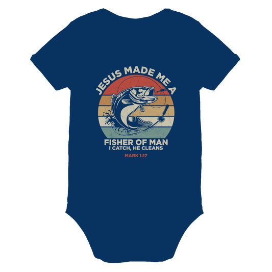 Jesus Made Me a Fisher of Men – I Catch, He Cleans | Christliches Design inspiriert von Matthäus 4:19 - Organic Baby Bodysuit