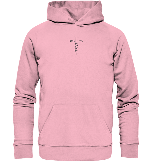 Kreuz mit Jesus Schrift - Organic Hoodie (Stick)