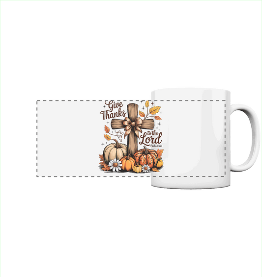 Give Thanks to the Lord – Psalm 136:1 | Christliche Kleidung & Geschenke im Retro-Design - Panorama Tasse