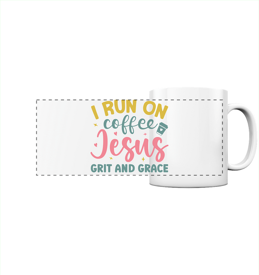 I run on coffee, Jesus, grit and grace | Christliche Produkte - Panorama Tasse