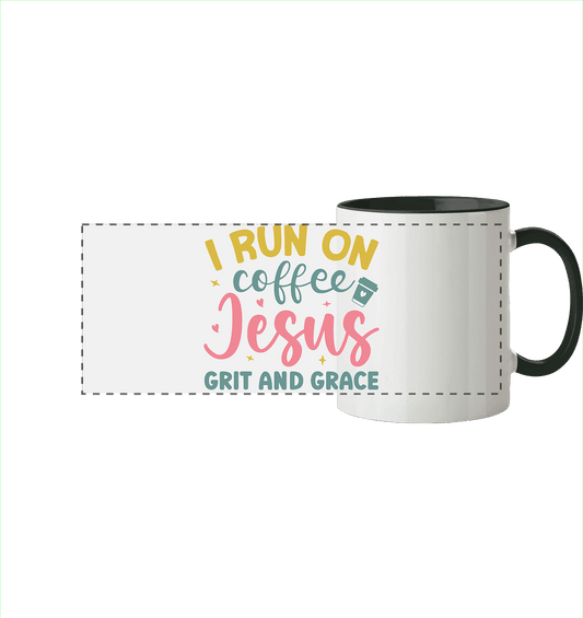 I run on coffee, Jesus, grit and grace | Christliche Produkte - Panorama Tasse zweifarbig