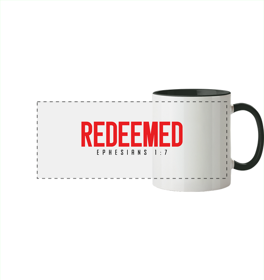 Redeemed – Ephesians 1:7 – Erlöst durch sein Blut | Christliche Produkte - Panorama Tasse zweifarbig
