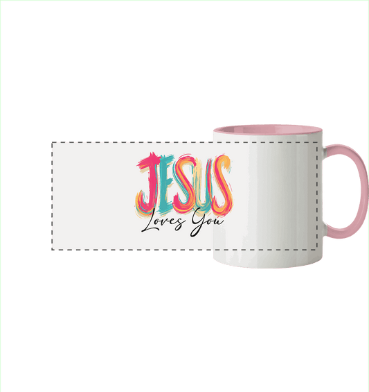 Jesus Loves You – Buntes Design voller Hoffnung und Liebe | Christliches Design - Panorama Tasse zweifarbig